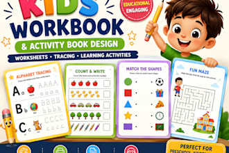 design kids workbook illustration, worksheets and activity books