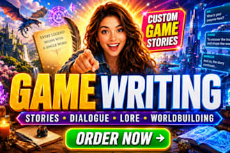 write rpg game story, game dialogue, lore, character and worldbuilding