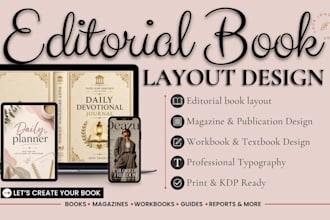 do editorial book layout design, kdp guidebook journal, magazine indesign layout