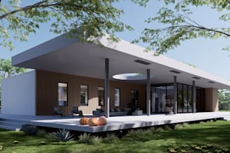 craft high end 3d residential villa with wood slatted patio and terrace decks