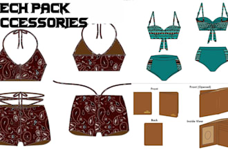 do a fashion accessories technical flat sketch and tech pack for bags and wears