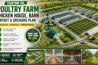 create custom 3d poultry farm, chicken house, barn layout and orchard plan