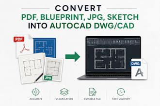 convert pdf, blue print,jpg,sketch into autocad,dwg,cad