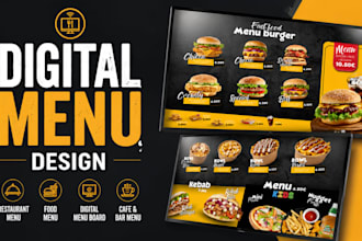 design premium resturant menu, food menu, and digital menu board for cafe, bar