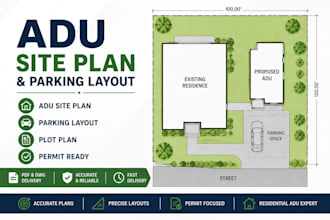 design adu site plan, parking layout, plot plan permit drawings