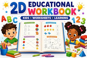 create 2d educational workbook illustrations for kids learning activity workbook