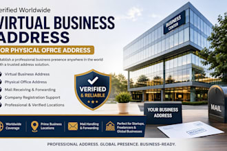 provide verified virtual business address or physical office address worldwide