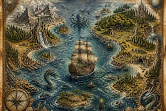 draw fantasy map or ship illustration with cool details
