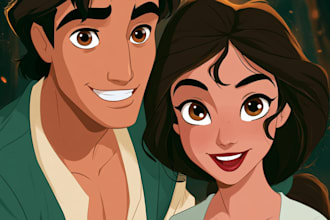 draw lovely disney cartoon couple portrait