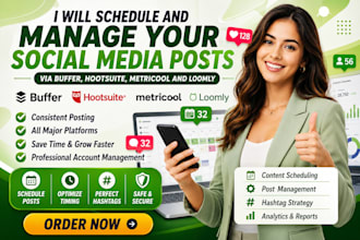 schedule manage your social media posts via buffer, hootsuite, metricool loomly
