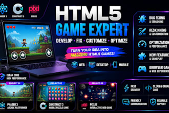 develop fix customize and optimize HTML5 games using pixijs phaser 3 construct 3