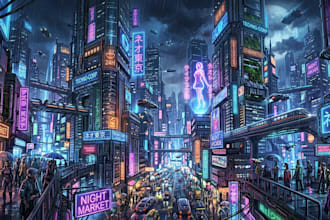 draw illustration of futuristic cyberpunk city