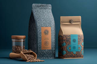 design amazon product packaging label, coffee pouch bag, box