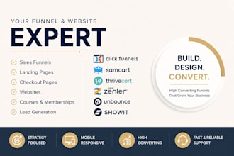 be your clickfunnels, samcart, thrivecart, new zenler, unbounce, showit expert