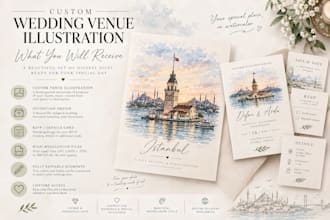 create a custom watercolor wedding venue illustration