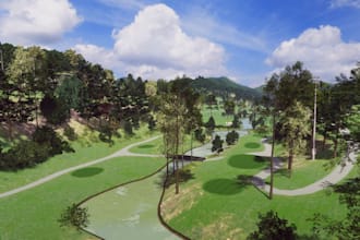 create 3d mini golf course design, golf simulator, fairway, landscape rendering