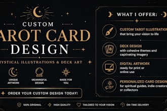create custom tarot card design, mystical illustrations and deck art