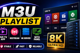 offer m3u playlist, live tv app, restream, 8k server with panel