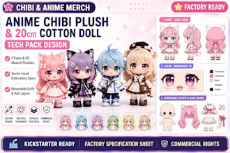 design custom anime chibi plush toy or 20cm cotton doll tech pack