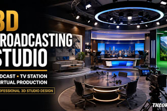 create 3d broadcasting, podcast studio and TV station design