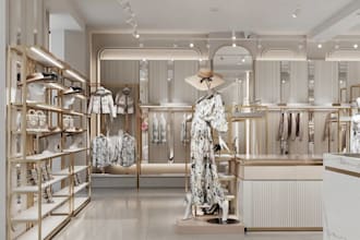 highend 3d clothing store render, modern boutique layout,store inner walkthrough