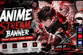 design anime twitch banner youtube gaming banner stream overlay and discord gfx