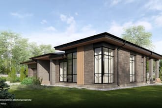 visualize 3d modern prairie house, exterior terrace, rooftop render, car garage