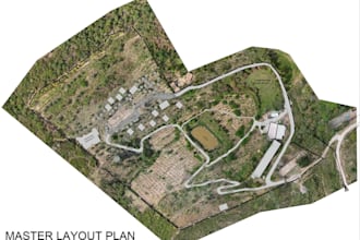 create detailed masterplan drawing, site analysis, terrain map,landscape plannig
