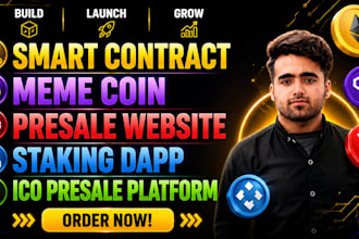 develop erc20 token, meme coin, presale website, staking dapp and smart contract
