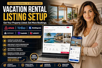 set up airbnb, vrbo, booking com, hostaway and hospitable listings
