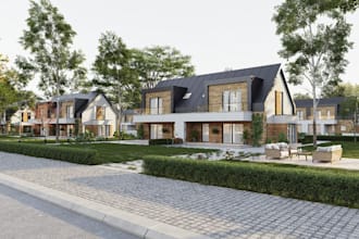 modern outdoor3d townhouse,patio furniture setup,driveway design,cgi estate lawn