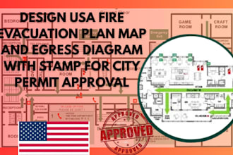 design USA fire evacuation plan map and egress diagram with stamp for permit