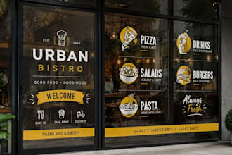 design restaurant window graphics, menu decals and storefront glass branding