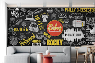 do illustrated restaurant wall mural, food illustrations typography brand colour