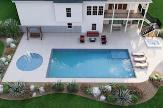 create a luxury 3d poolscape, patio and outdoor entertainment design