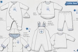create professional tech pack  for babywear and kidswear
