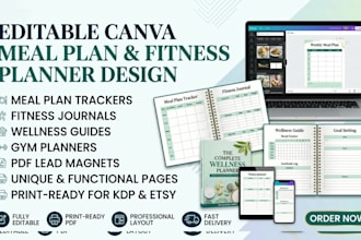 design canva meal plan tracker, fitness journal, wellness guide and gym planner