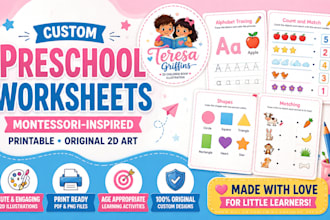 design montessori worksheets and preschool learning pages with cute 2d artwork