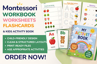 design montessori workbook, flashcards, preschool worksheets, kids activity book