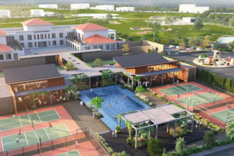 3dsports center,playground aerial,pickleball courts,golf course,mix use building
