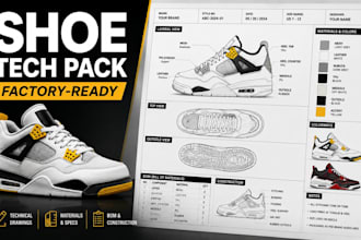 create a factory ready shoe tech pack for footwear  and sneakers