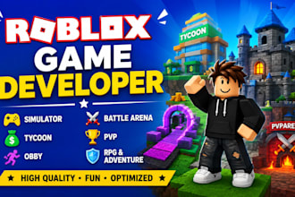 develop roblox game, simulator, tycoon, obby, battel arena, rpg, pvp, adventure