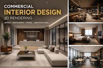 interior design of commercial office, restaurant, hotel, architectural 3d render