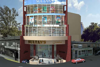 redesign commercial retail building, grocery store facade, shopping mall render