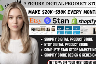 build automated 7 figure shopify, etsy, or stan store for digital products