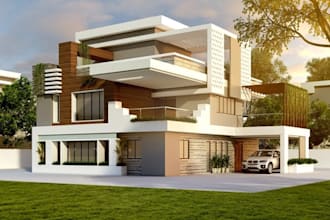 3d exterior house elevation facade rendering garden and outdoor funiture