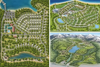 design rv park map, resort layout map, campground illustration, tourist map