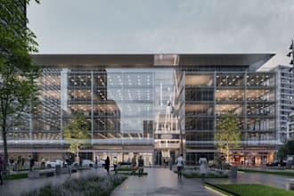 rebuilding mid rise commercial plaza, curtain wall facade,cgi environment design