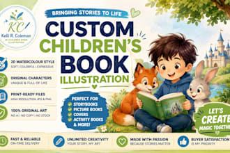 create hand drawn watercolor childrens  book illustrations for young readers