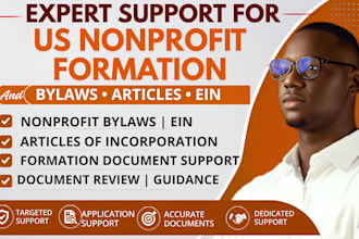 prepare US nonprofit bylaws, articles of incorporation and ein